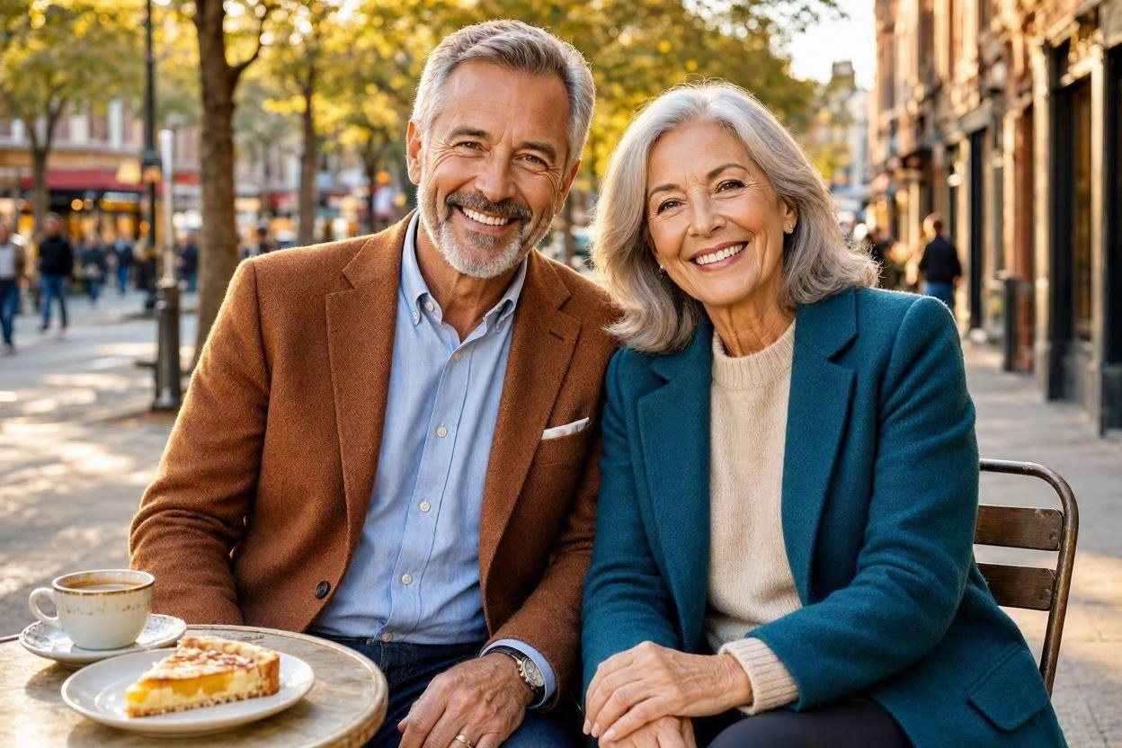 Mature couple smiling together at an outdoor cafe table